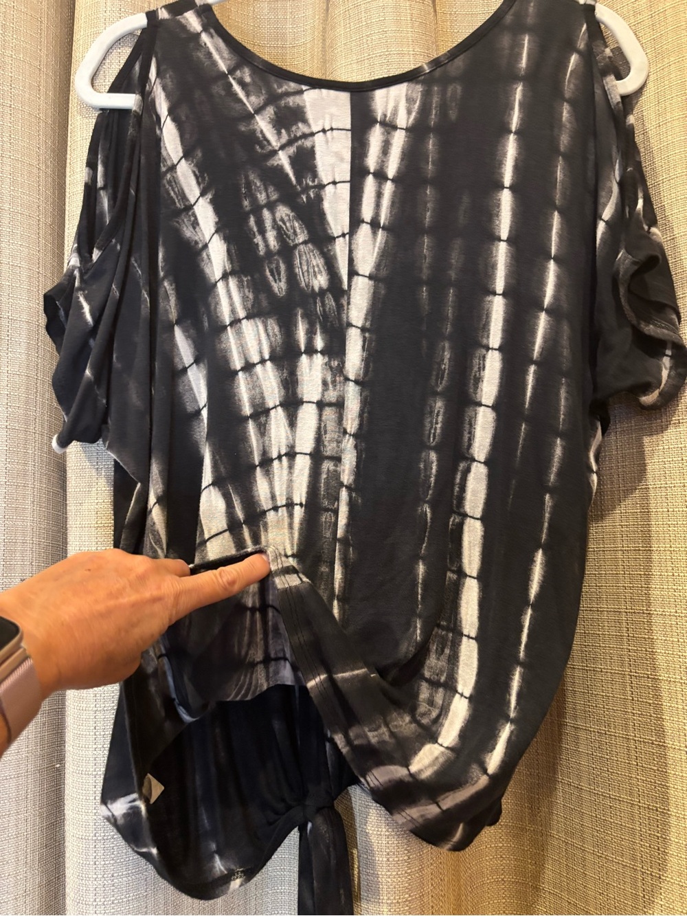 Tie-Front Cold-Shoulder Top in tie-dye Black and White - Picture 8 of 8